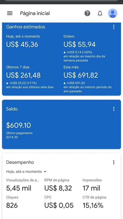 Painel AdSense com ganhos estimados e métricas de desempenho