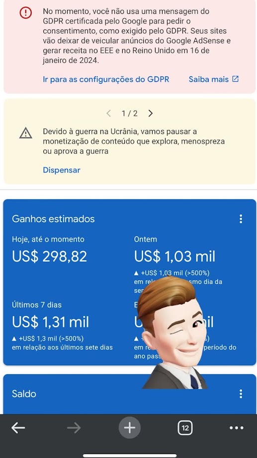 Painel AdSense mostrando ganhos diários e semanais