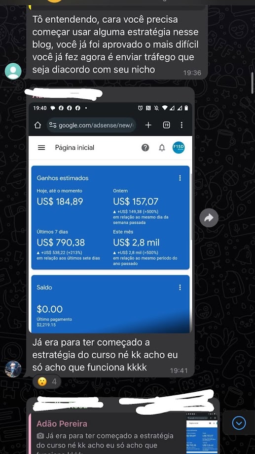 Conversa de aluno mostrando painel de ganhos no AdSense